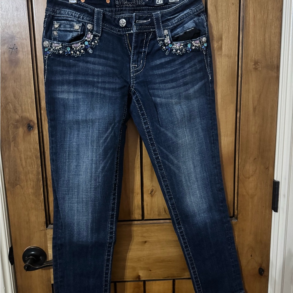 Miss Me Dark Blue Cropped Jeans with Embellishments